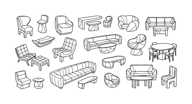 Comprehensive architectural furniture collection featuring sofas, couches, and tables as 2D CAD plan vectors for interior design layouts, floor plans, and technical