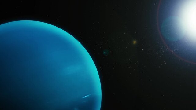 Distant view of a blue planet in space with stars and a partial view of a moon or planet in the foreground