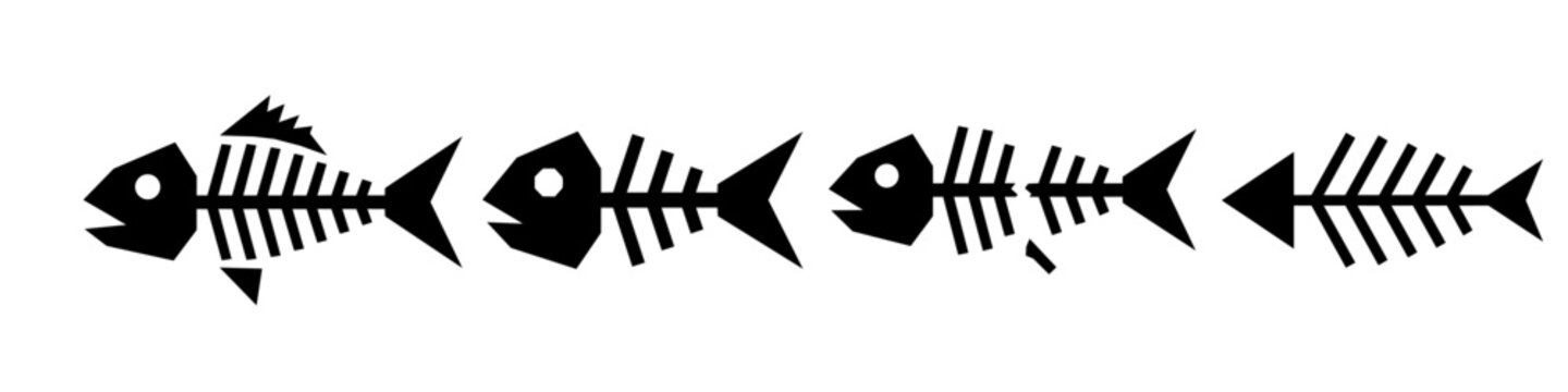 Fishbone skeleton vector icon set with simple black silhouettes