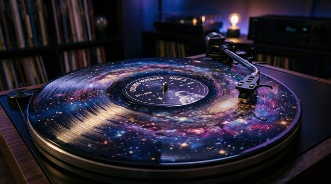 Vinyl record player with space theme. Cosmic design and music in the cosmos.