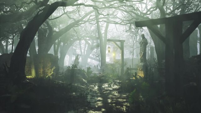 Dawn gallows beneath tangled canopy, golden rays pierce lingering mist, posts stand silhouetted against leafed vault, perspective suited for documentary
