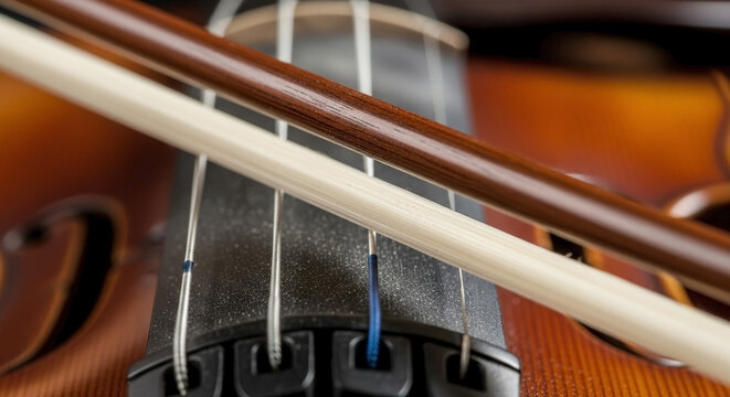 Close up of violin bow moving across strings, showcasing intricate detail and delicate performance. Musician guides bow across instrument strings, producing rich melodic sound.