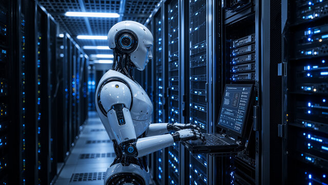 Futuristic robot working on a laptop in a server room with glowing blue lights, representing artificial intelligence and data center technology