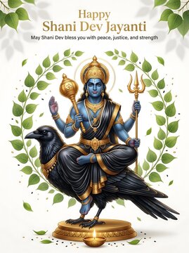 Divine shani dev seated on crow holding trident and mace amidst floral wreath celebrating hindu