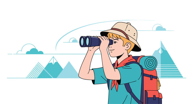 Young scout boy with a backpack and hat looking through binoculars at a mountain landscape under a clear blue sky.