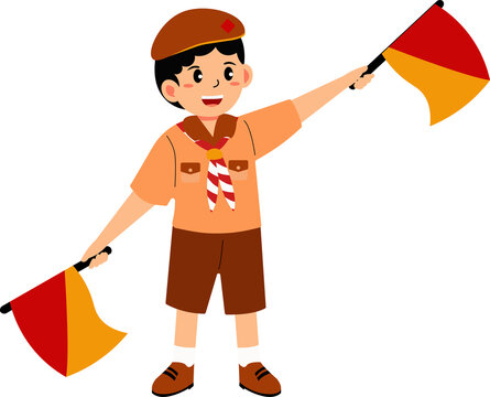 Scout Boy Signaling with Semaphore Flags Scouting Communication Cartoon Illustration