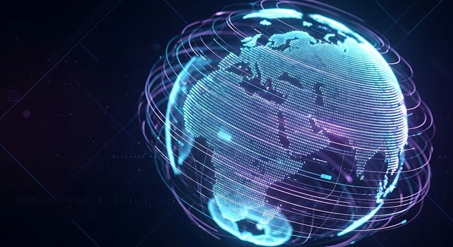 Digital Earth globe with swirling orbital lines on dark background. Technology
