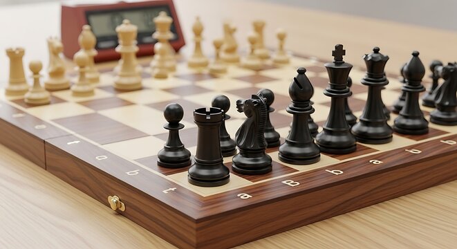 Close-up of wooden chessboard with black pieces and digital clock