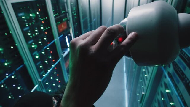Two hackers attack through corporate data center with rows of working rack servers all recorded CC tv camara 