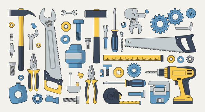 Assorted Hand Tools and Gears Collection - DIY and Repair Flat Design