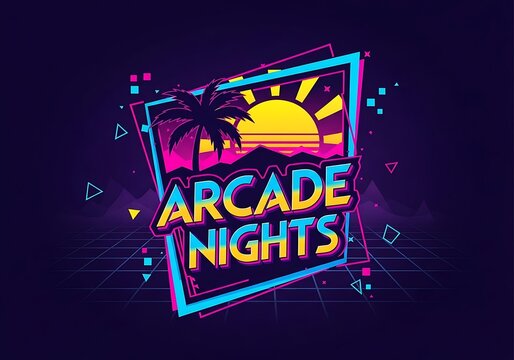 Retro Arcade Nights - Neon Sunset and Palm Tree Design.