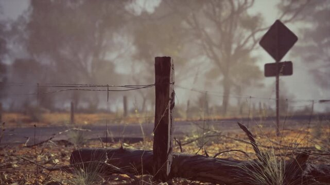 Weathered fence post beside dusty road, old sign and barbed wire cut silhouette against morning mist, rural boundary marker and muted color palette evoke