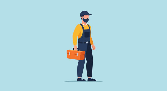 Handyman holding toolbox, professional worker, construction uniform, blue background