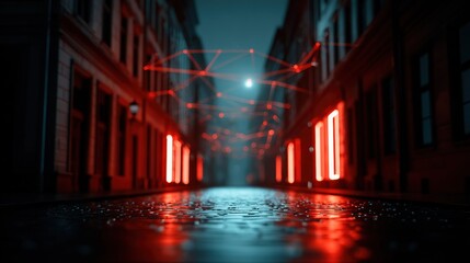 Naklejka premium Illuminated urban pathway suggests a digital network hovering above wet pavement at night