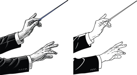 Conductor Hands with Baton Illustration Set, Classical Music Direction and Orchestra Gesture Detail © Minara