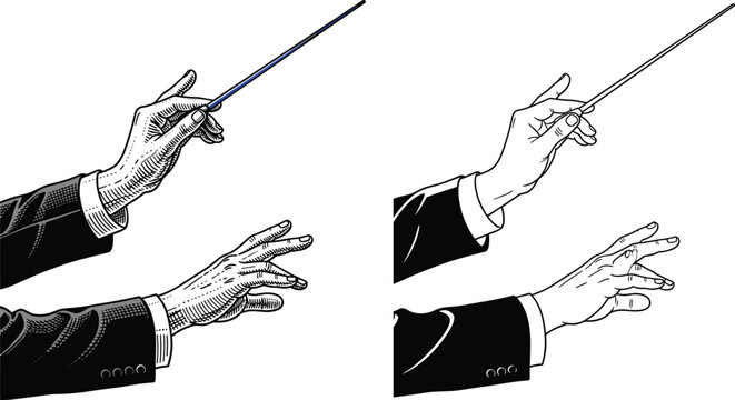 Conductor Hands with Baton Illustration Set, Classical Music Direction and Orchestra Gesture Detail