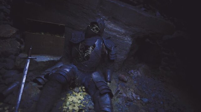 Fallen mercenary in dim cave, armored figure slumped over scattered coins and ruined gear, blue cinematic lighting, wet stone floor, broken rifle, silence