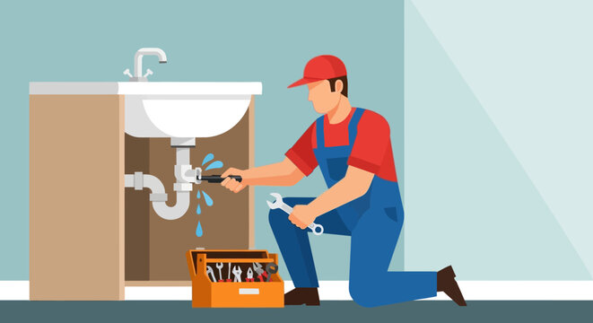 Plumber Fixing Leaking Sink Pipe with Tools and Water Dripping
