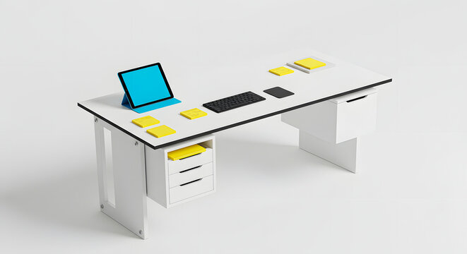 Vibrant workstation setup with a red laptop, a blue mug, and a green notepad on a pastel desk