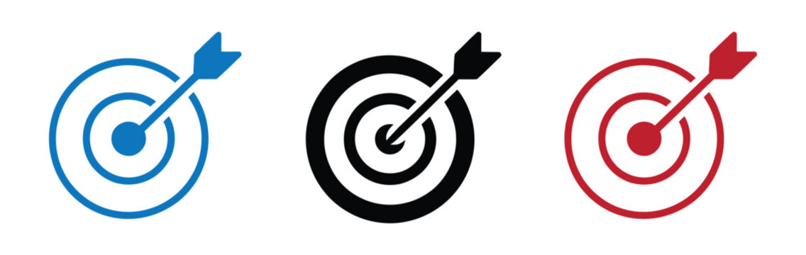 Three colorful target icons with arrows hitting the bullseye on white background vector illustration