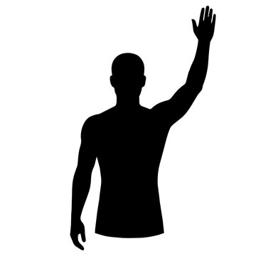 Black silhouette of a male figure raising his hand. Vector illustration of a man volunteering, asking a question, or greeting.