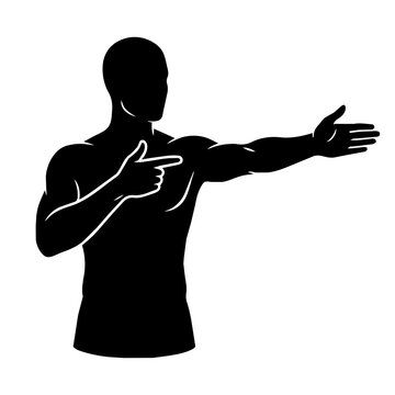 Black silhouette of a muscular male figure pointing and showing direction. Vector contour illustration of a strong man presenting.