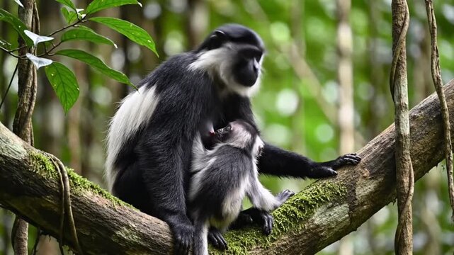 Monkeys on tree branch together.