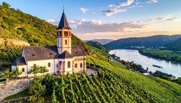 Vineyard church by a river at sunset