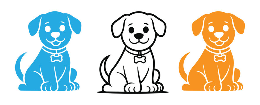 Colorful cartoon dog icons in blue, Black, And orange on white background vector illustration