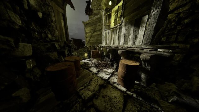 Mossy stone alley at dusk, scattered barrels and broken wooden shacks under moody sky wet cobblestone reflecting lantern glow, dense fog and deep shadows create