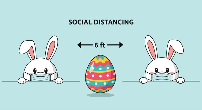 Two cute white rabbits wearing blue surgical face masks and staying six feet apart from an easter egg for social distancing.