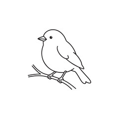 Obraz premium A black and white illustration of a small bird sitting on a branch with leaves isolated on white background