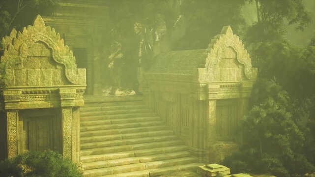 Stone bridge spanning misty ravine, calm reflection mirrors arch, deep chasm and rising walls frame composition, ancient masonry shows erosion details,