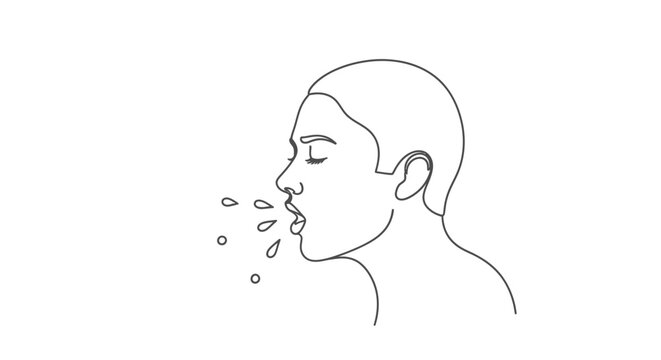 Person Sneezing or Spitting Line Art Drawing with Expelled Droplets in Profile View
