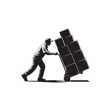A man pushing a heavily loaded dolly with multiple boxes on a white background