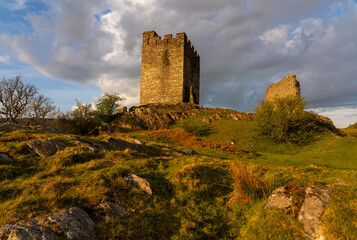 Fototapeta premium Dolwyddelan Castle keep and ruined walls bathed in warm morning light on a grass and rock-covered hillside