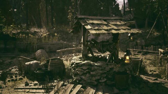 Mossy spring well surrounded by trees, rustic roof and hanging lantern, scattered stones and damp undergrowth, suggestion of ancient Balkan folklore