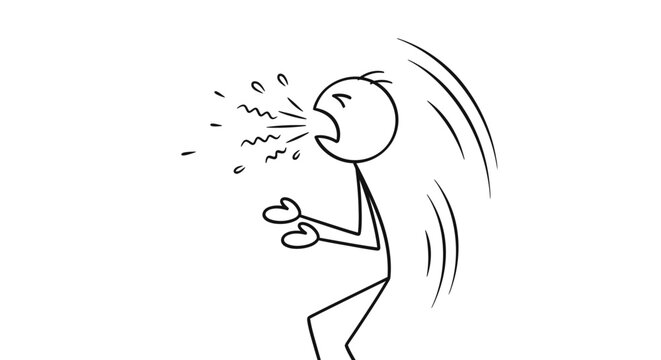 Cartoon stick figure character yelling or screaming with open mouth, indicating loud sound on isolated white background.