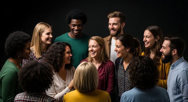 Diverse group of people of varying ages, ethnicities, and genders smiling and interacting