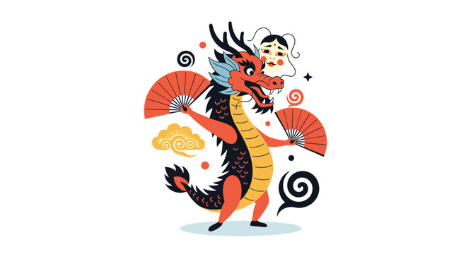 Traditional chinese dragon illustration with red fans and masks in a stylish and cultural graphic design for festivals.