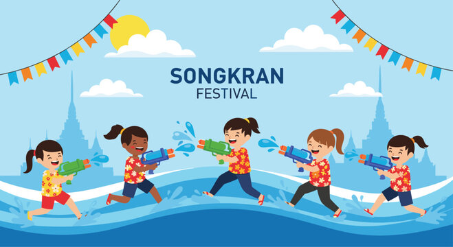 Group of happy children playing with water guns and celebrating the traditional songkran festival in thailand with temples.