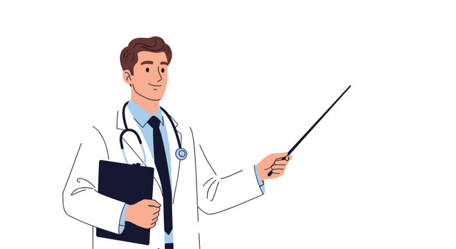 Professional male doctor wearing a white medical coat and stethoscope holding a clipboard and pointing at empty space.