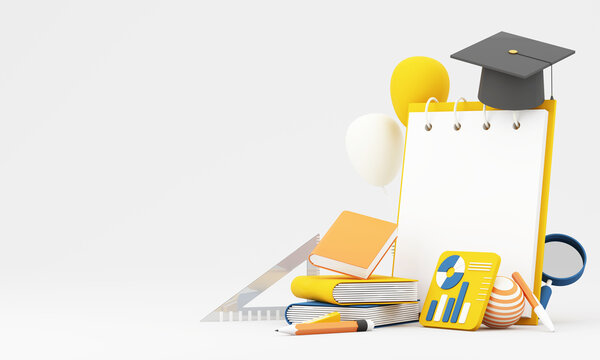 Back to school education concept with clipboard, graduation cap, books, ruler, magnifier and analytics card on light gray background, 3d rendering.