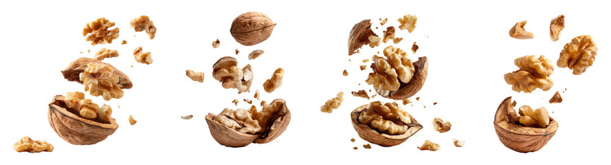Fototapeta premium Set of floating cracked walnuts with shell fragments isolated on transparent background