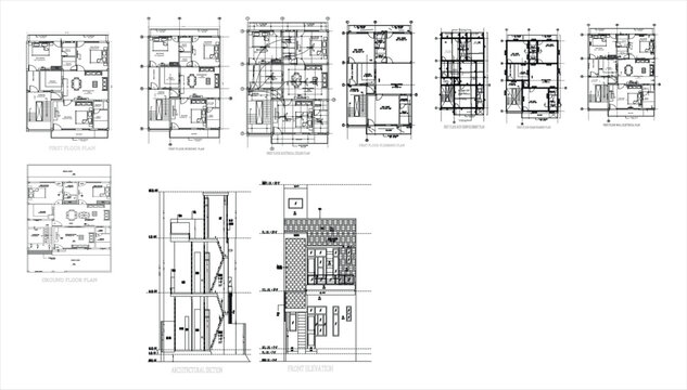 Detailed architectural blueprint with floor plans and elevations for construction