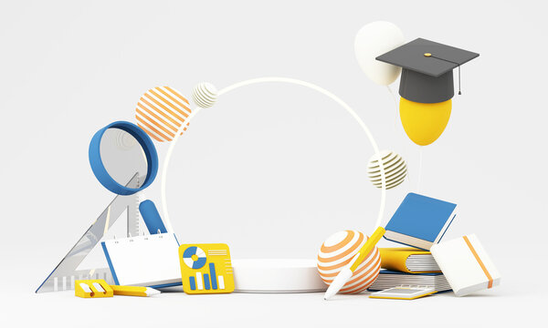 Back to school banner with podium, books, graduation cap, magnifier, notebook and stationery in yellow blue tones with copy space, 3d rendering.
