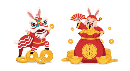 Fototapeta premium Festive rabbits performing a traditional lion dance and holding a bag of money to celebrate the chinese lunar new year.