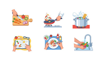 Fototapeta premium Professional flat vector illustration set showing cooking process steps including chopping vegetables, frying food, boiling pasta, reading recipe, and cleaning.