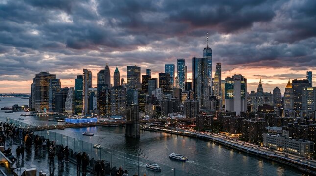 Dramatic Skyscape of New York City, Sunset, River and Buildings, Evening