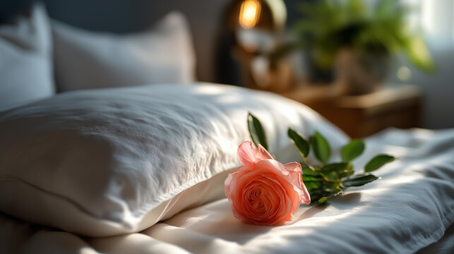 Overhead flat lay of two pillows on a soft linen bed with a single rose laid across the headboard pillow seam in soft bright morning window light bedroom morning single rose
